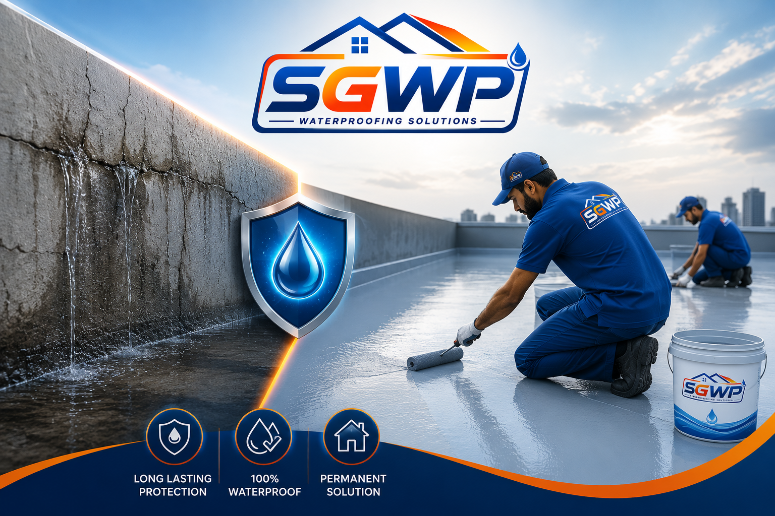 SGWP waterproofing team applying membrane on terrace